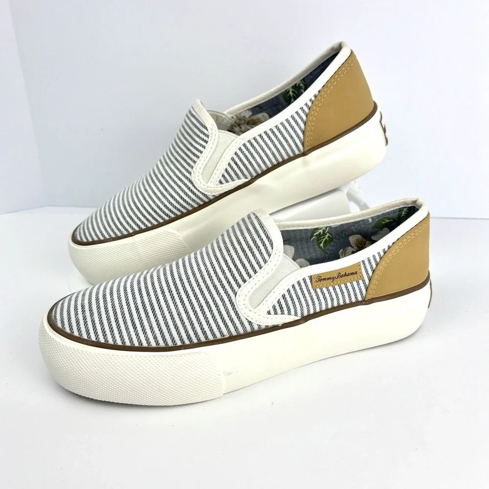Tommy Bahama Shoes Women's 8.5 Blue White Tan Striped Slip On Platform Sneakers